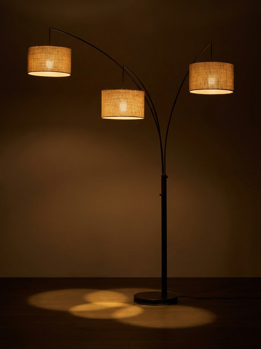 3-Head Arc Floor Lamp with Woven Rattan Drum Shades