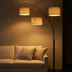 3-Head Arc Floor Lamp with Woven Rattan Drum Shades