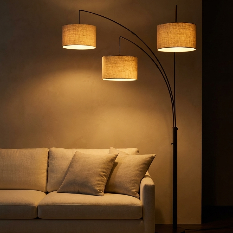 3-Head Arc Floor Lamp with Woven Rattan Drum Shades