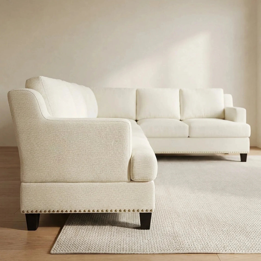 Cream Linen L-Shaped Sectional Sofa with Nailhead Trim