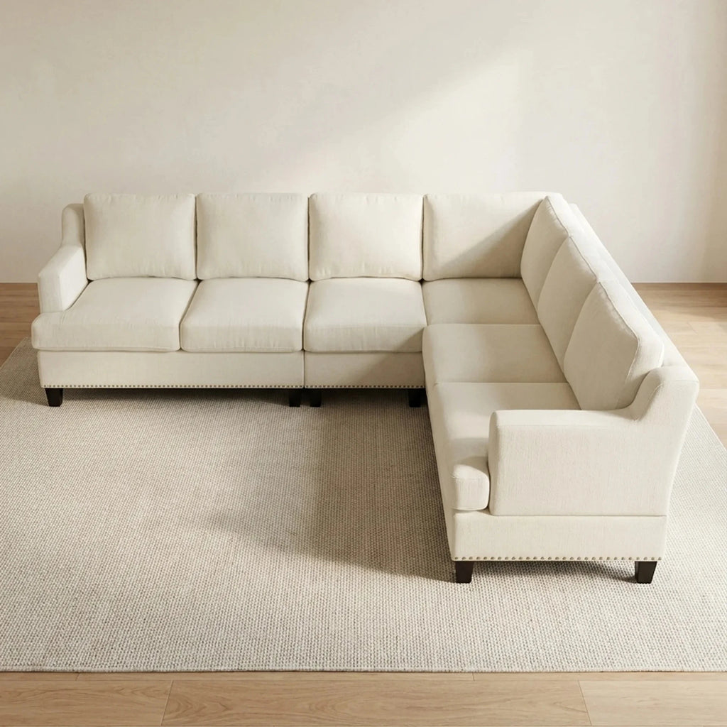 Cream Linen L-Shaped Sectional Sofa with Nailhead Trim