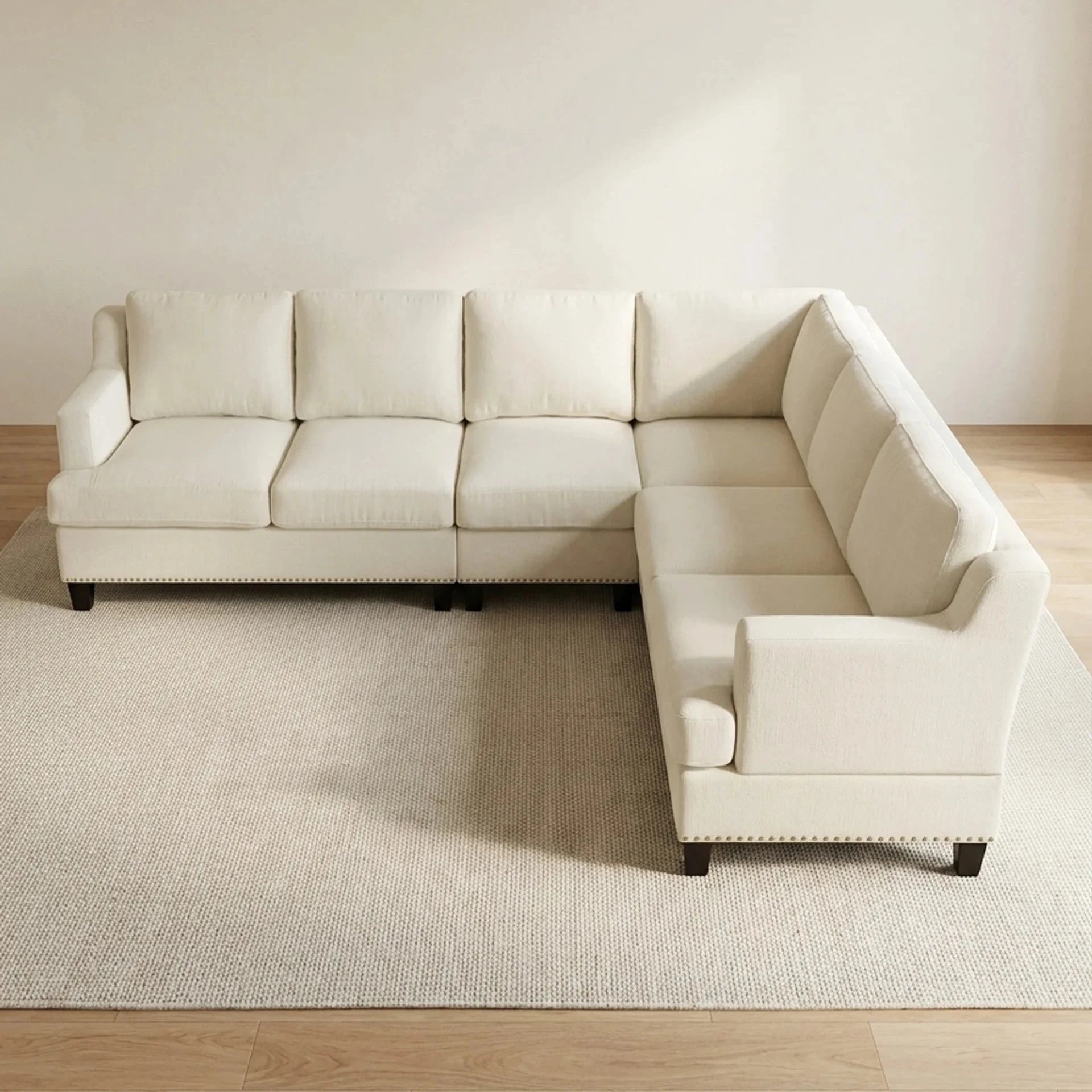 Cream Linen L-Shaped Sectional Sofa with Nailhead Trim