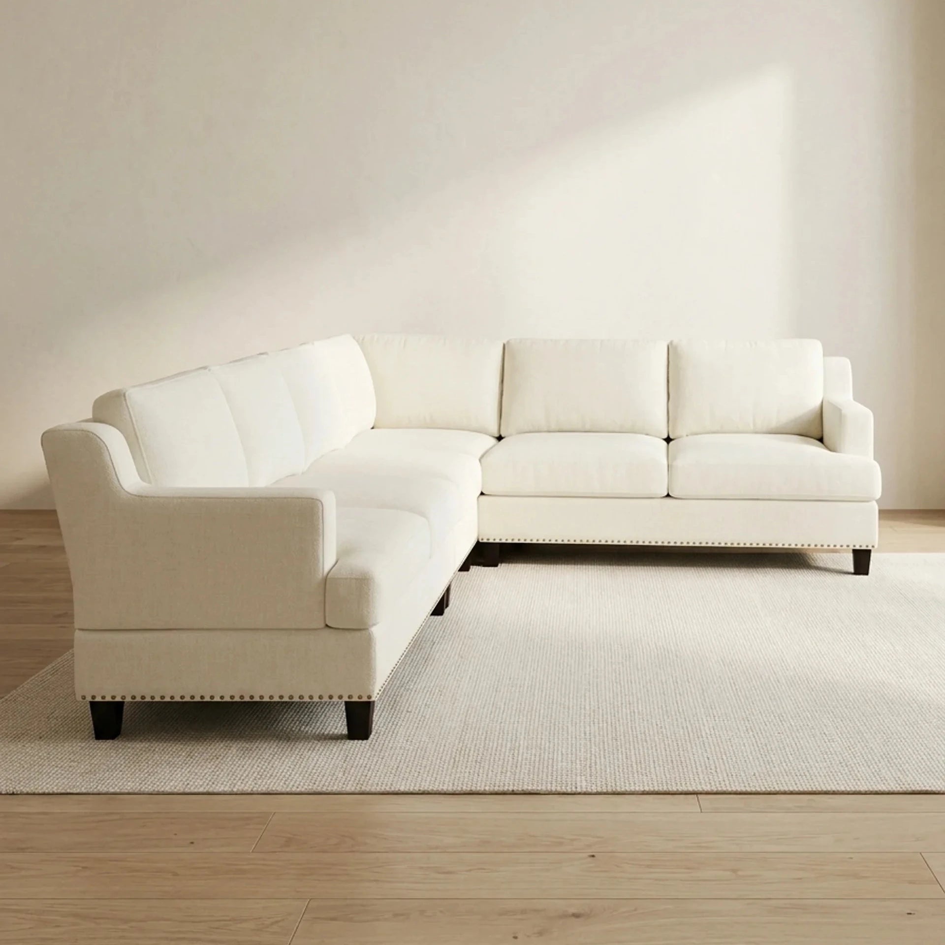 Cream Linen L-Shaped Sectional Sofa with Nailhead Trim