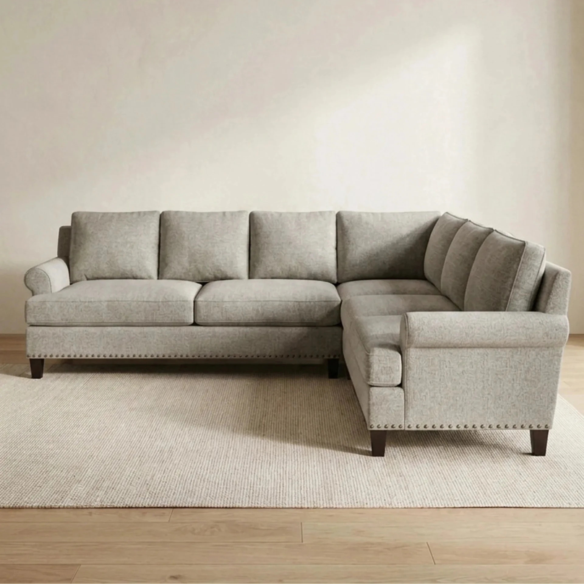 Greige Textured L-Shaped Sectional Sofa with Nailhead Trim