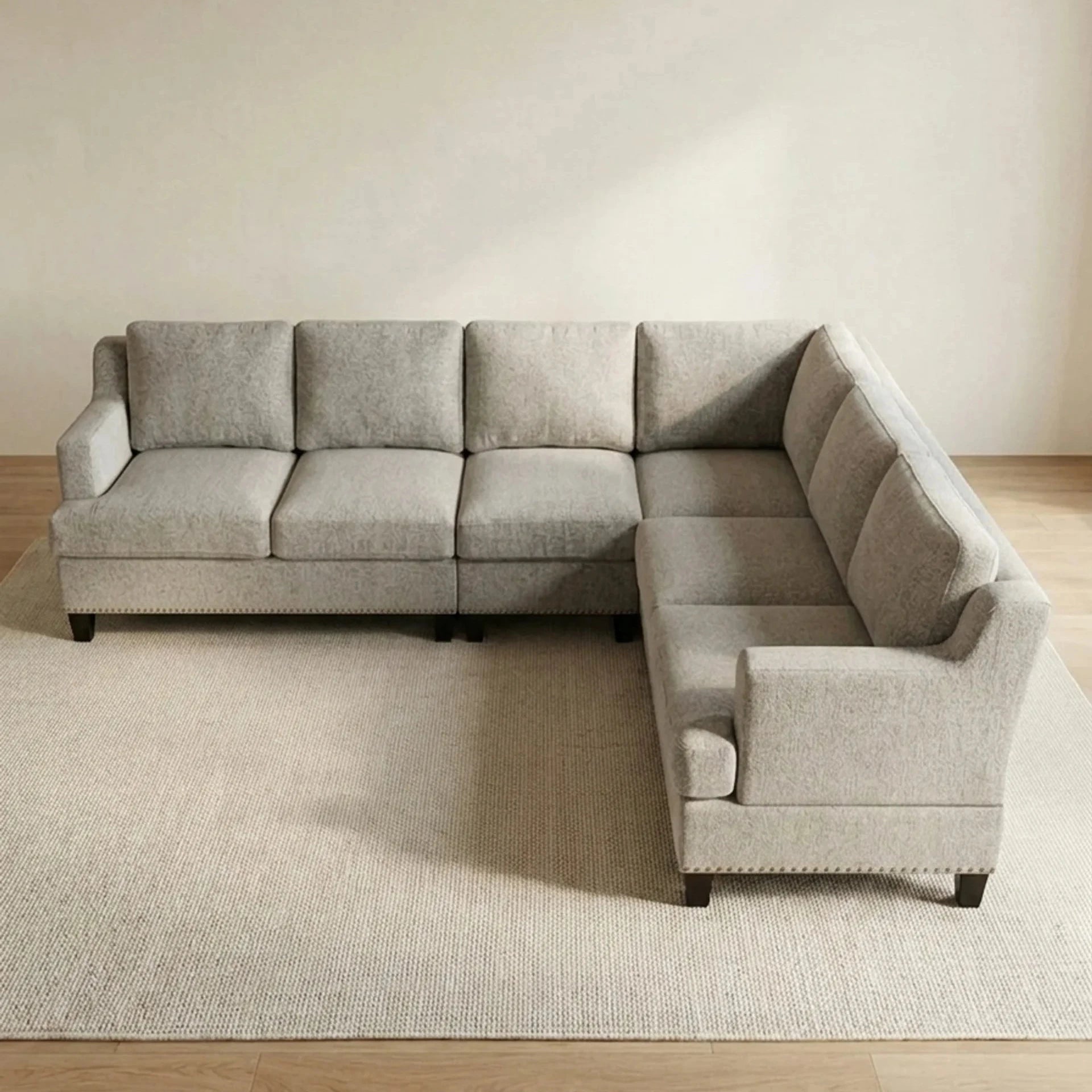 Greige Textured L-Shaped Sectional Sofa with Nailhead Trim