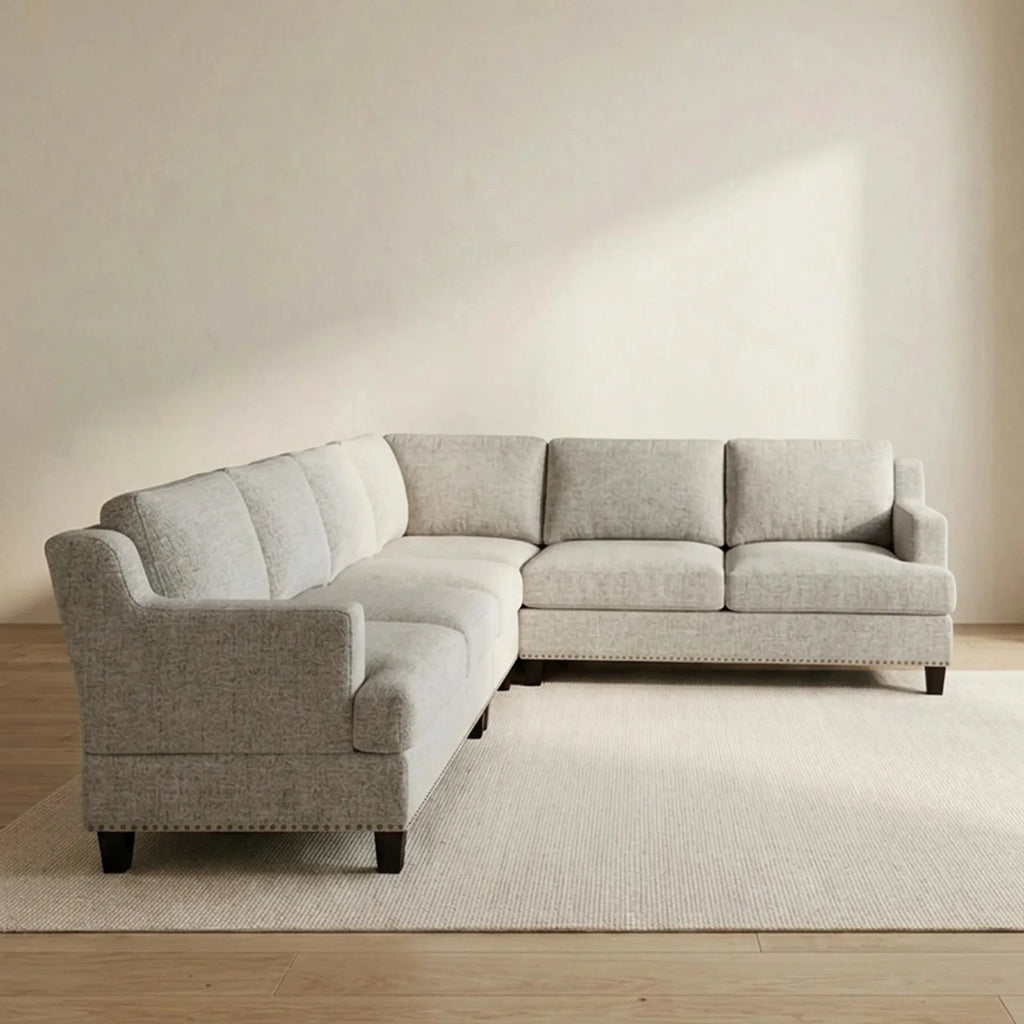 Greige Textured L-Shaped Sectional Sofa with Nailhead Trim