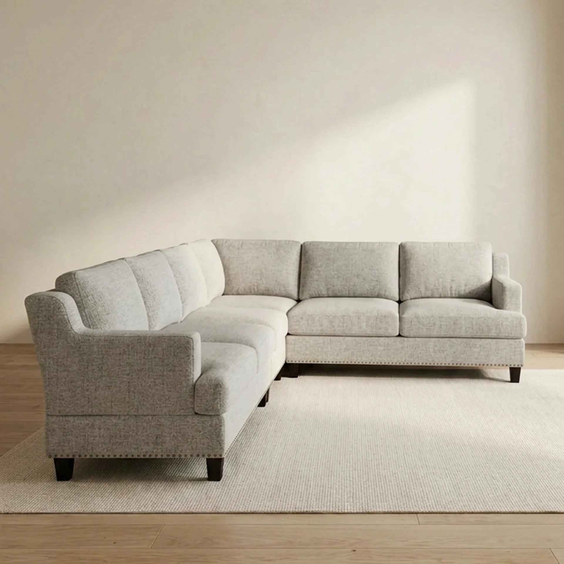 Greige Textured L-Shaped Sectional Sofa with Nailhead Trim