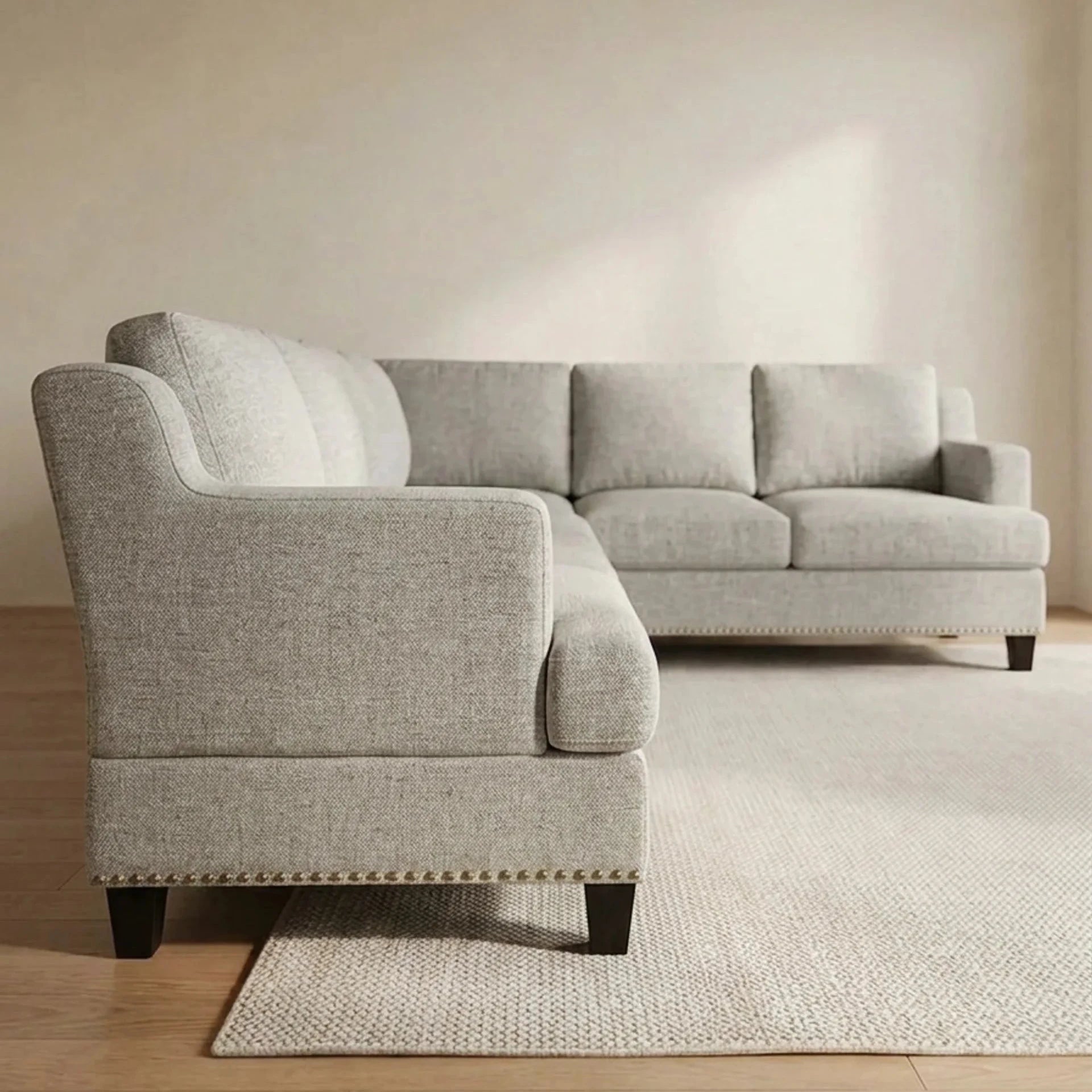 Greige Textured L-Shaped Sectional Sofa with Nailhead Trim
