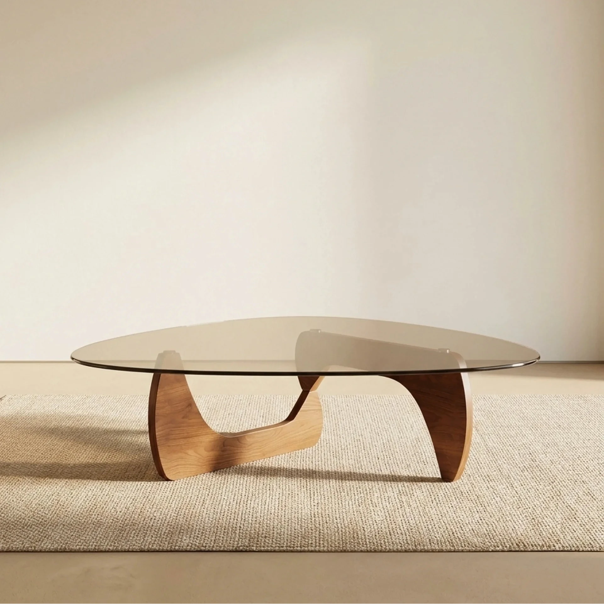 Noguchi-Style Smoked Glass Coffee Table with Walnut Base